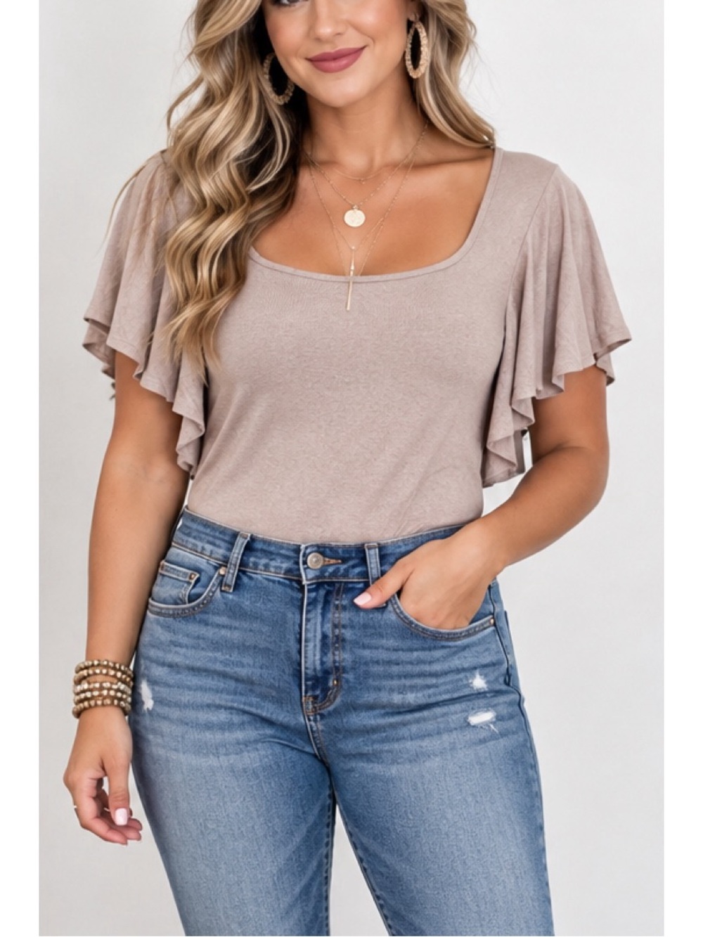 White Birch Taupe Flutter Sleeve Bodysuit- 3x